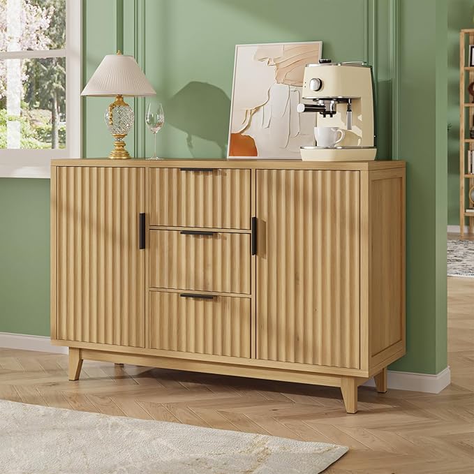 47.2" W Storage Cabinet with 3 Drawers, Fluted Buffet Cabinets with Storage, Large Sideboard with 2 Door, Modern Mid Century TV Stand Coffee Bar Furniture for Living Room, Kitchen, Entryway