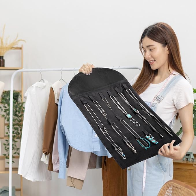 Flexzion Hanging Jewelry Organizer – (1 Pack) Black 32 Clear Pockets & 18 Hooks & Loops, Non-Woven Bag Dual Side Earring Storage Display Holder with for Necklace Bracelet Sunglasses-NeatNest