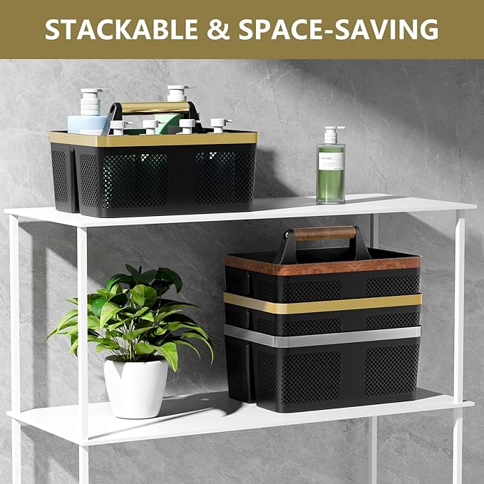 Shower Caddy Dorm Men: Plastic Bathroom Caddy Organizer with Handle and Holes, Bath Caddy for College Dorm, Portable Shower Basket Tote for Toiletry, Travel, GYM, Camp Essentials Black/Gold