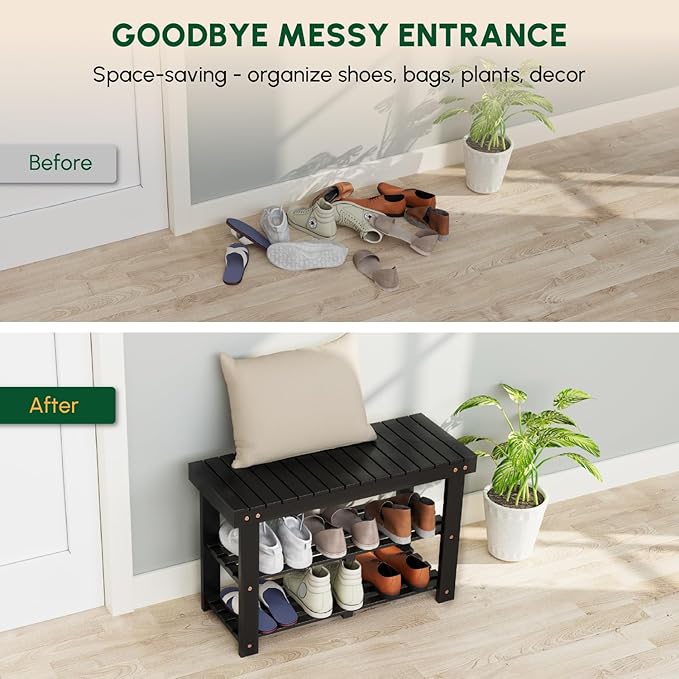 BEEFURNI Acacia Shoe Rack Bench, 3-Tier Sturdy Shoe Storage Bench, Wooden Footwear Organizer for Boots, 300 LBS Load Capacity, Perfect for Closet Entryway Bathroom, 1-Year Manufacturer Warranty, Black-NeatNest