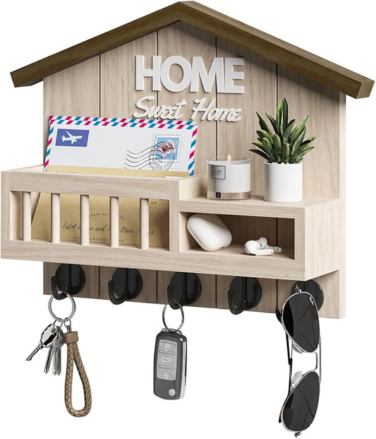 Key and Mail Holder for Wall, Wall Key Holder with Shelf, Home Key Holder for Wall, Wood Key Holder Wall Mount, Mail Organizer Wall Mounted, Entryway & Front Door Key Holder with 5 Hooks(White)