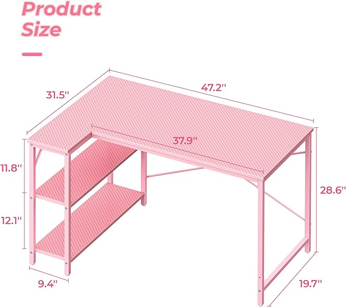Huuger L Shaped Desk, 47 Inches Computer Desk with Reversible Storage Shelves, Gaming Desk, Corner Desk Home Office Desks, Writing Study Desk with Metal Frame, Pink-NeatNest
