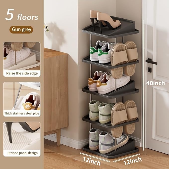 Vertical Shoe Rack,5 Tiers Stackable Shoe Rack for 10 Pairs, Narrow Shoe Tower,Space Saving, for Entryway, Living Room, Bedroom,Closet,DIY Free Standing Shoe Organizer(Black, 5 Tiers)-NeatNest