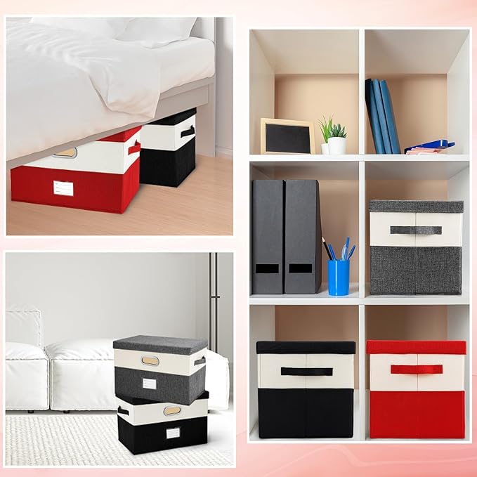Large Linen Fabric Foldable Storage Bins with Removable Lid and Handles, Washable Storage Box Organizer Containers Baskets Cube with Cover for Bedroom,Office(Red&Cream, Large(2-Pack))-NeatNest