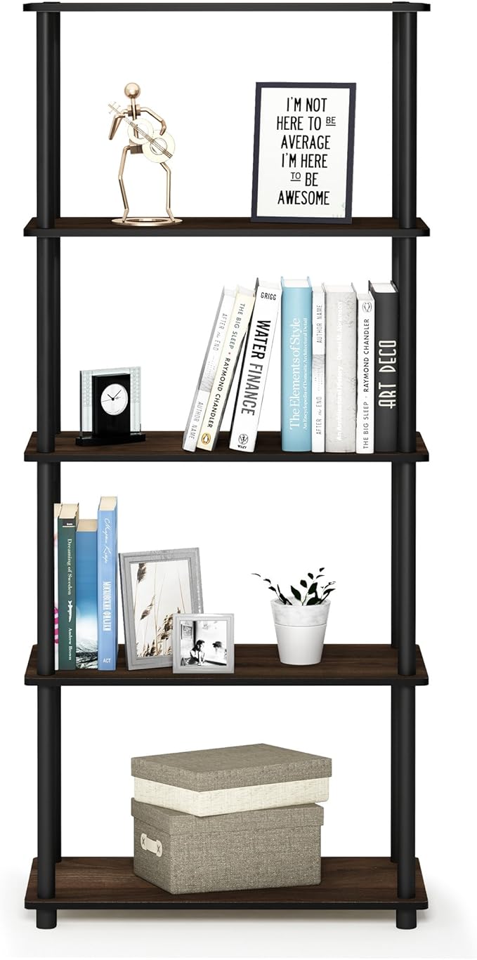 Furinno Turn-N-Tube 5-Tier Multipurpose Shelf / Display Rack / Storage Shelf / Bookshelf, Round Tubes, Columbia Walnut/Black-NeatNest
