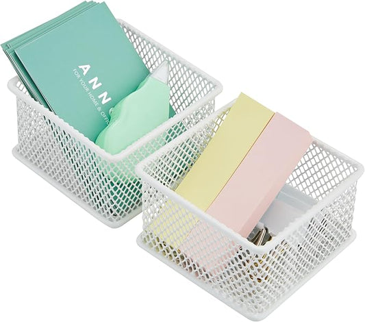 Annova Stackable Mesh Drawer Cabinet and Shelf Organizer Bins Storage Basket School Office Supply Holder Tray- Set of 2 (White, 3x3x2 Inch)-NeatNest