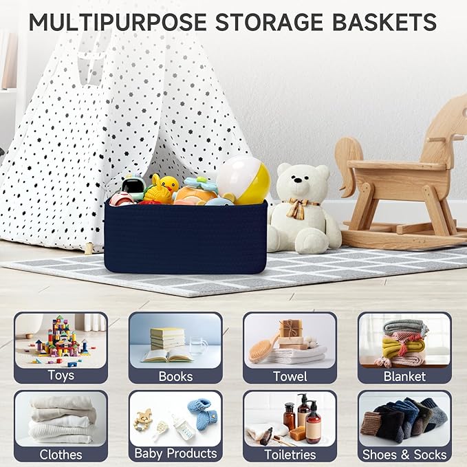 3-Pcs Shelf Baskets for Organizing, Closet Organizer Bins, Small Woven Baskets, Rope Toy Basket, Storage Basket for Shelves, Cube Decorative Box, 11.5×7.5×5.1”, Navy Blue-NeatNest
