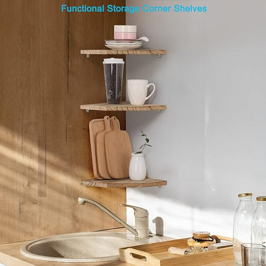 Corner Wall Shelves, Wood Corner Floating Shelves with Cable Raceway, Wall Mount Storage Display for TV Accessories, Monitor, Speaker, Cable Box, Game Console (Carbonized, Diamond- 10 Inch)-NeatNest