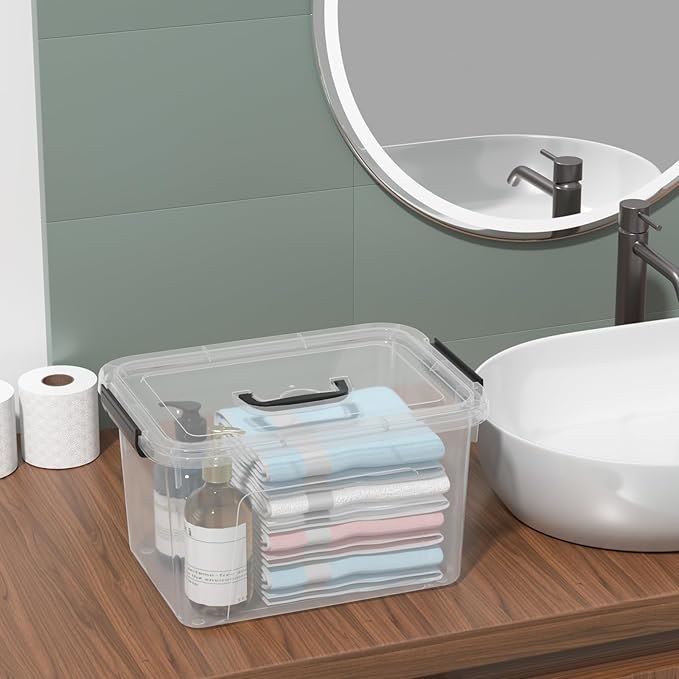 4 Pack 10.5 Quart Latching Storage Bin with Handle, Clear Latch Box