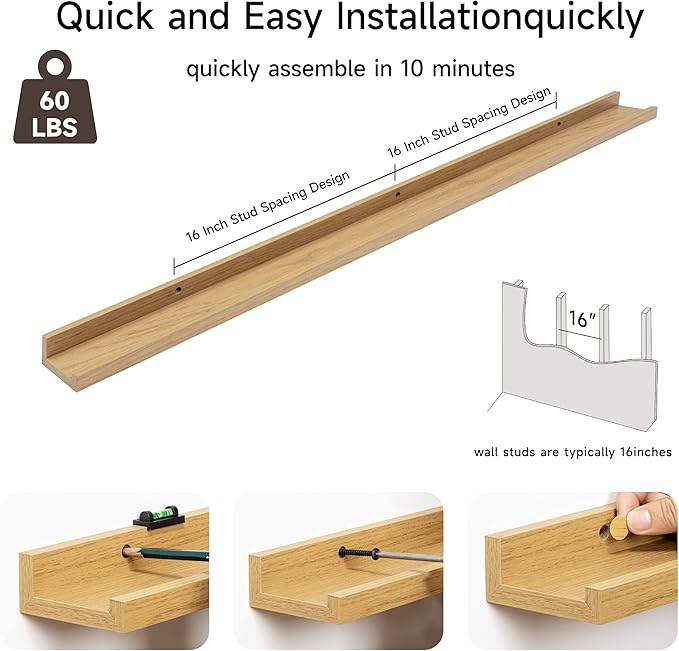 Fun Memories Picture Ledge Shelf, 48 Inch Floating Shelves Set of 2, Large Nursery Book Shelves for Toys Storage, Kids Bookshelf Wall Mounted for Wall Decor Books Photo Frames, Oak-NeatNest