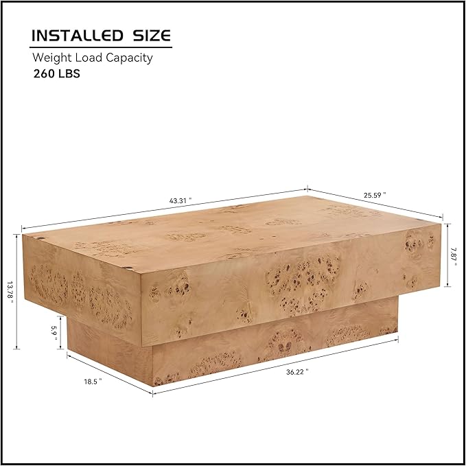 43.31'' Rectangle Fluted Drum Coffee Table for Living Room, Handcrafted Pedestal Accent Coffee Table for Home Office - 43.31'' W x 25.59''D Burl Wood Veneer
