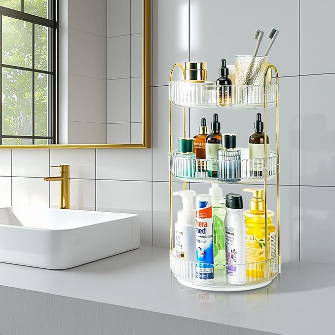 360 Rotating Makeup Organizer for Vanity, Large Capacity Spinning Perfume Organizer, Bathroom Organizer, Cosmetic Skincare Holder Organizer for Countertop (Pearl White, 3 Tier)-NeatNest