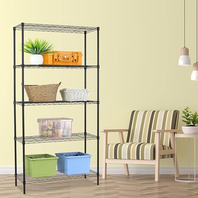 5-Tier Wire Shelving Unit Storage Shelves Metal Shelves Heavy Duty Metal Storage Rack NSF Height Adjustable for Home Kitchen Bathroom Garage Pantry Organization(Black)
