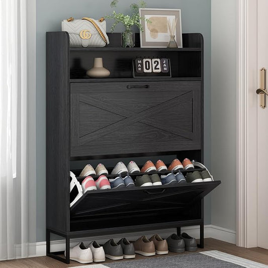 Shoe Cabinet, Freestanding Tipping Bucket Shoe Storage Cabinet with 2 Flip Drawers, Entryway Shoe Rack with Storage Top Cubby, Narrow Slim Hidden Shoe Organizer with Doors (Black)-NeatNest