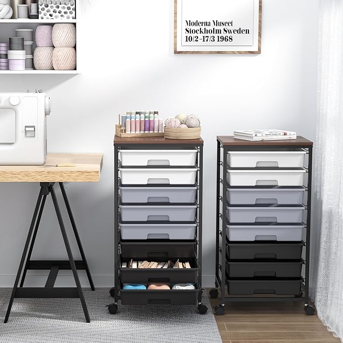 Rolling Cart with Drawers,Utility Cart with 8 Drawers and Wooden Tabletop for Living Room,Classroom,Bedroom,Bathroom,Dorm,Office,Dark Grey