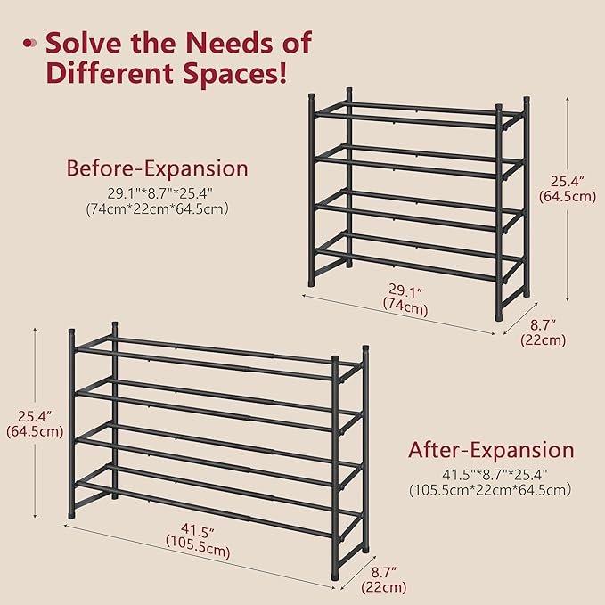 Tajsoon Expandable Shoe Rack for Closet 4 Tier, 29“-41“Adjustable & Stackable Shoe Shelf Storage, Metal Shoe Rack Organizer for Front Door Entrance, Closet, Garage, Entryway, Black-NeatNest