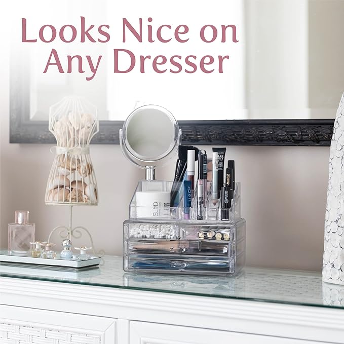 Masirs Clear Makeup Organizer with Mirror – 16-Compartment Cosmetic and Jewelry Holder, 4-Drawer Vanity Storage, Elegant Clear Design for Makeup and Accessories-NeatNest
