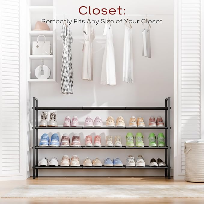 Bumusty 4-Tier Long Expandable Shoe Rack for Closet, 18"-44" Adjustable Shoe Rack for Entryway, 20-24 Pairs Large Shoe Organizer Shelf Storage, Sturdy Metal, Black-NeatNest