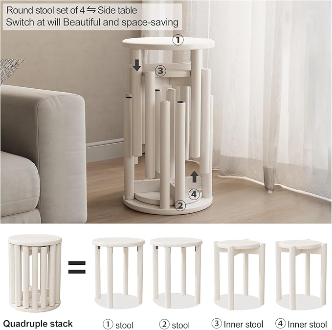 Stackable Stools Set of 4, Wood Stool 18 Inch Stool Stackable Side Tables Nesting Table Sturdy and Durable, No Installation Required for End Table,Top Stackable Round Stools(White Barstool)