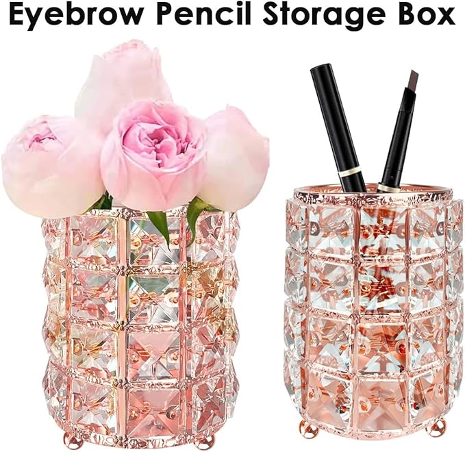 AKOAK 1 Pack Crystal Makeup Brush Holder Office Supplies Storage Rack Eyebrow Pencil/Lipstick/Pencil Makeup Container, Dressing Table, Bedroom, Office (Rose Gold)-NeatNest