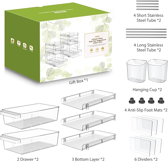 Clear Bathroom Organizers 2 Sets 3 Tier, Pull Out Organizer and Storage with 2 Cups, Slide Out Drawer Storage Container with 6 Dividers, Multi-Purpose Bathroom Organizer, Kitchen Under Sink Organizer-NeatNest