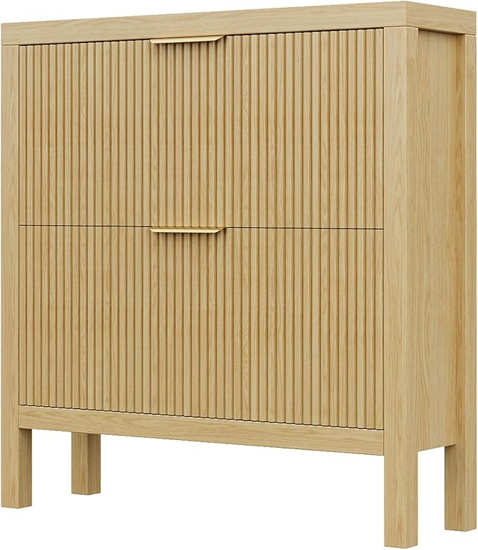 Modern 2-Tier Flip Drawer Shoe Cabinet, Freestanding Hidden Slim Narrow Shoe Rack Cabinet, Wooden Large Capacity Shoe Storage Cabinet Shoe Organizer, for Entryway, Hallway, Natural-1-NeatNest