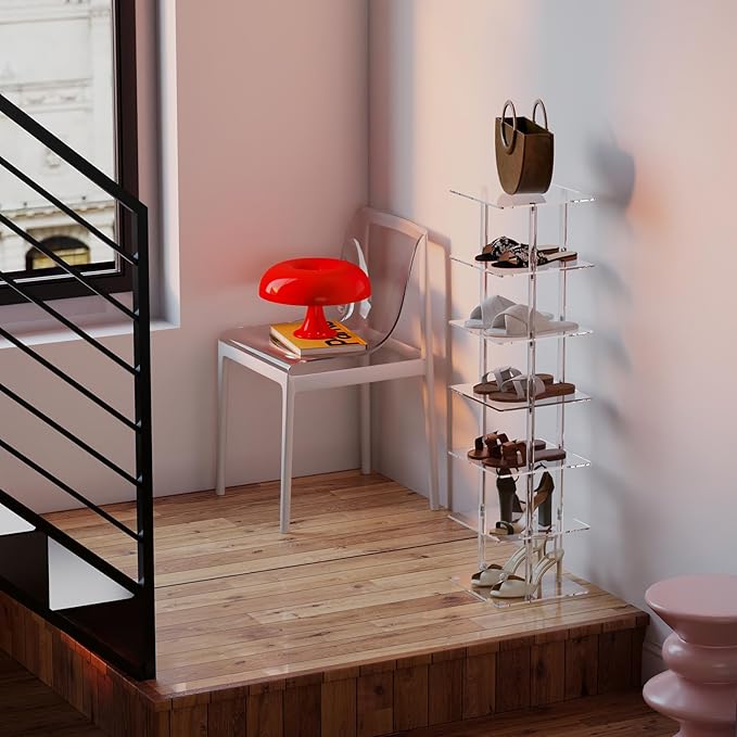 Aquiver Acrylic Vertical Shoe Rack - Free Standing Shoe Rack 7 Tier Shoe Storage Organizer Narrow Shoe Rack for Small Spaces, Entryways, Living Rooms, Bedrooms, 11'' L x 11'' W x 41.7'' H-NeatNest