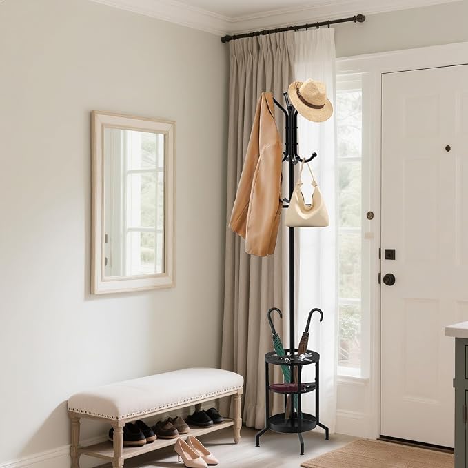 Coat Rack Freestanding, Coat Stand with Umbrella Holder, Metal Coat Tree with 12 Hooks, Coat Hanger Stand for Entryway, Coat Rack Stand for Bedroom, Living Room & Office-NeatNest