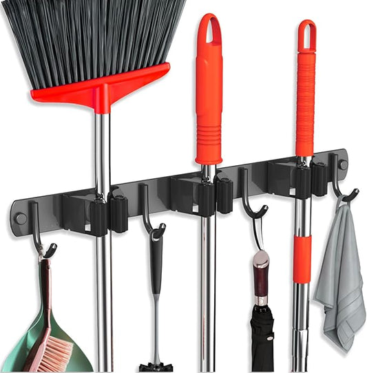 Mop and Broom Holder Wall Mount, Upgraded Broom Hanger Wall Mount, Stainless Steel Broom Organizer for Closet Garage Laundry Room Kitchen Wall Decor(3Racks 4Hooks Black)