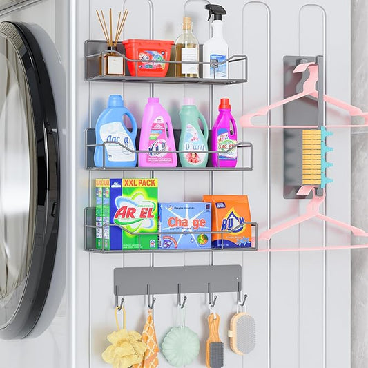 5 Pack Multifunctional Magnetic Shelves for Washing Machine & Refrigerator - Heavy Duty Laundry Room Organization System with Tool Hooks, Metal Storage Baskets (Grey)