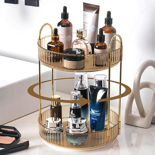 Rotating Makeup Organizer for Vanity, High-Capacity Skincare Clear Make Up Storage Perfume Organizers Cosmetic Dresser Organizer Countertop 360 Spinning (Gold, 2 Tier)-NeatNest