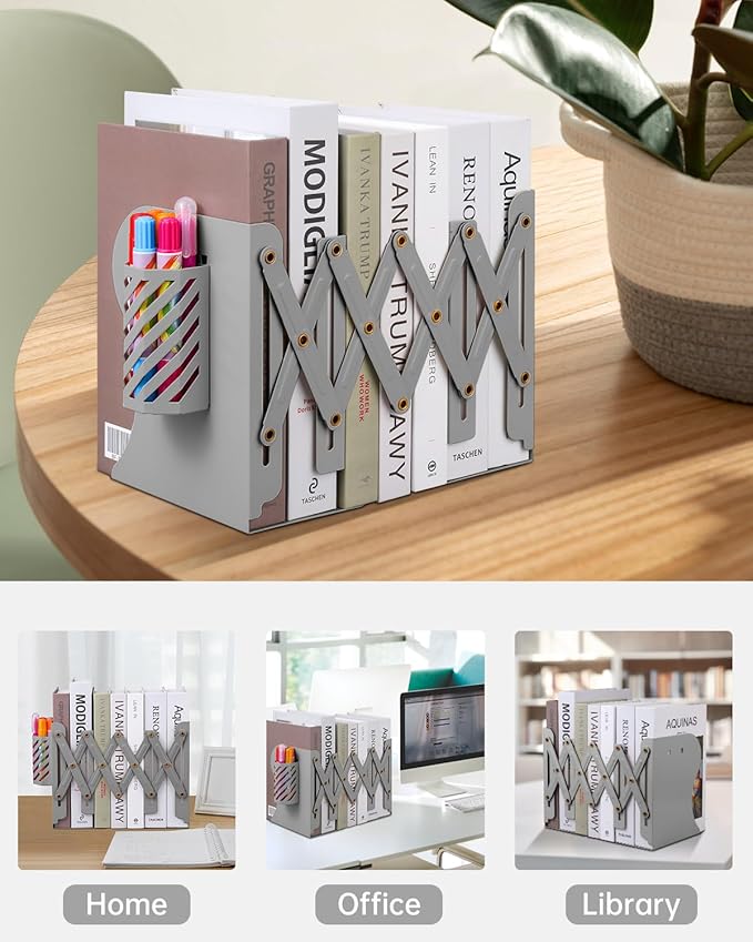 Honagu Adjustable Bookends, Metal Book Ends for Shelves Heavy Book, Desk Magazine File Organizer for Home, Office, Books, Papers, Extends up to 19 inches with Pen Holder (Grey)