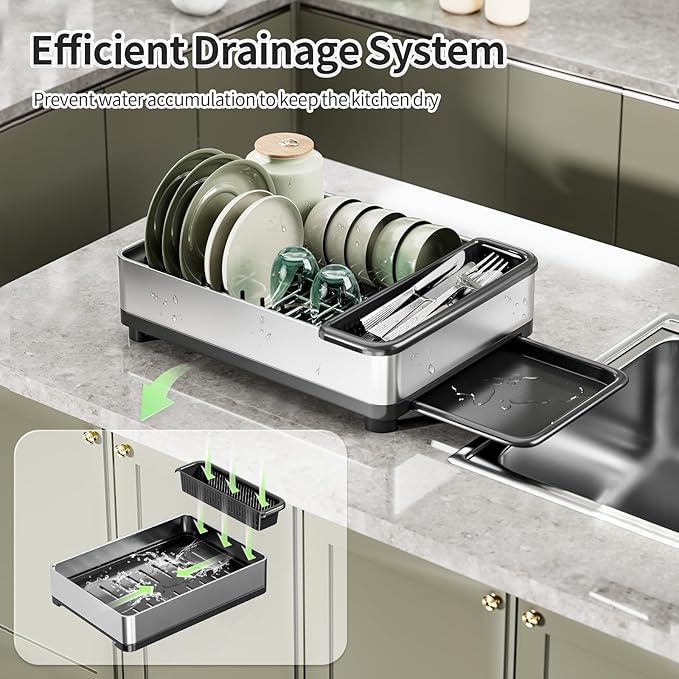 Dish Drying Rack, 304 Stainless Steel Dish Racks for Kitchen Counter, Compact Sink Dish Drainers with Drainboard & Utensil Holder, Space Saving Kitchen Organizer, Black