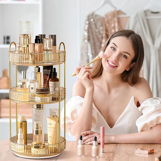 Rotating Makeup Organizer for Vanity, High-Capacity Skincare Clear Make Up Storage Perfume Organizers Cosmetic Dresser Organizer Countertop 360 Spinning (Gold, 3 Tier)-NeatNest