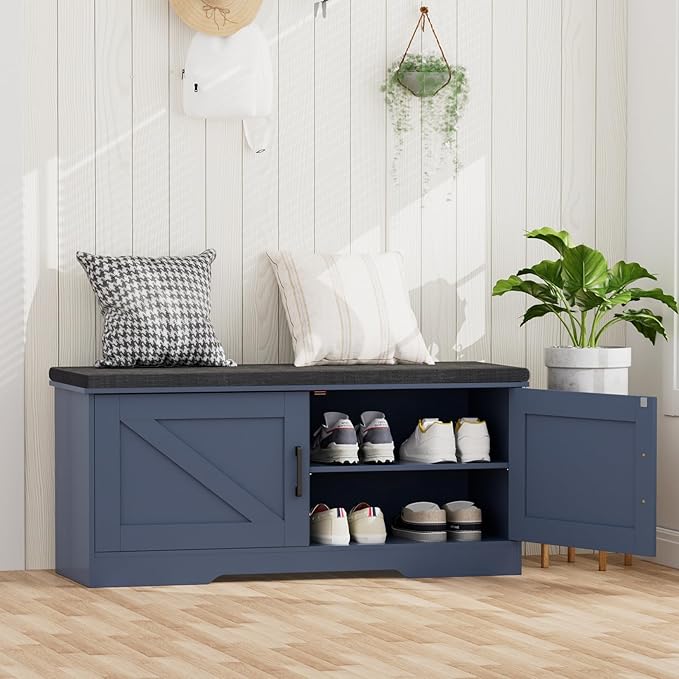2-Tier Storage Bench, Shoe Bench with Padded Seat Cushion, Entryway Bench with 2 Barn Doors, Adjustable Shelf, 13.8" D x 39.4" W x 17.7" H, for Entryway, Living Room, Bedroom, Blue-NeatNest