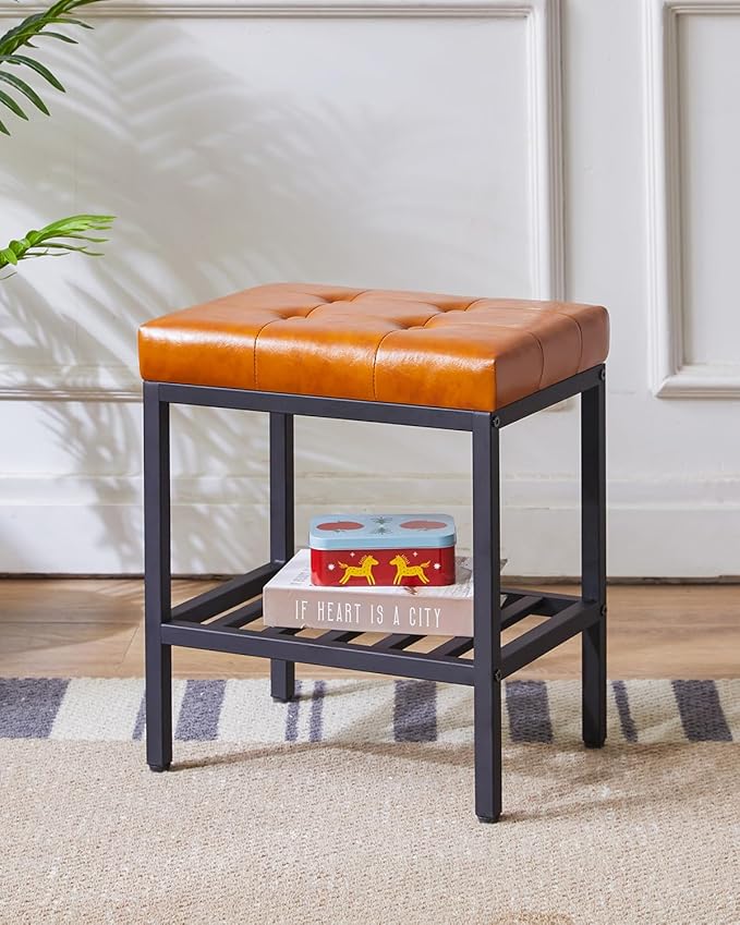 IBUYKE Rectangular Makeup Stool with Adjustable Feet and Storage Space, Footrest Chair, PU Vanity Seat, Multi-Use as Small Side Table or Ottoman, for Bedroom, Light Brown WBD017J