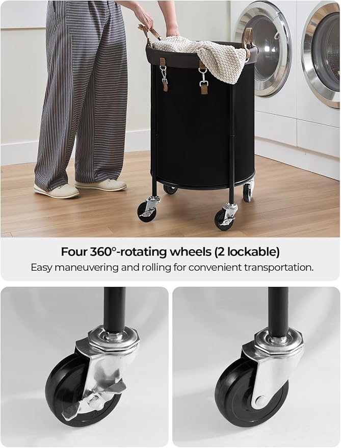 StorageWorks 110L Rolling Laundry Basket, Clothes Hamper with Wheels, Round Clothing Cart with Steel Frame and Removable Bag, 4 Casters and 2 Brakes, Black, 1-Pack