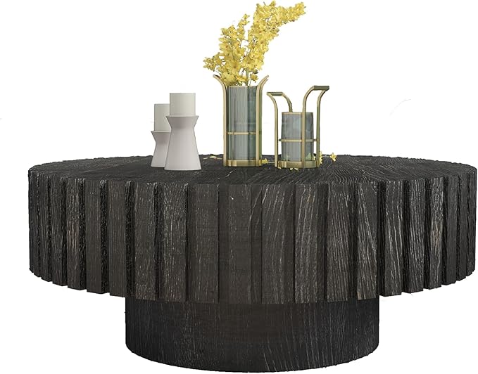kevinplus 31.4'' Round Circle Coffee Table Modern Wood Coffee Table for Living Room, Contemporary Minimalist Fluted Drum Pedestal Style, Easy Assembly, Black