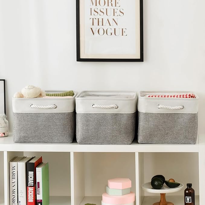 TheWarmHome Storage Baskets for Organizing, X Large - 3 Pack 17.7L×13.8W×9.8H in Foldable Storage Bins for Shelves, Fabric Storage Box for Closet Nursery Toy Gift (White & Grey)-NeatNest
