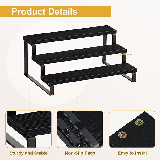Giikin 3 Tier Spice Rack, Set of 2 Wooden Spice Rack for Countertop, Cabinet Organizer Shelf Kitchen Counter Storage Shelves Cupcake Stand Holder Display Stand, Black-NeatNest