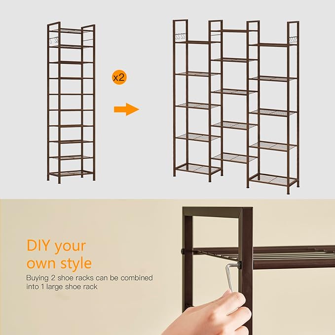 usikey 10 Tiers Narrow Shoe Rack 20-30 Pairs, Sturdy Metal Tall Shoe Rack Shelf with 4 Hooks, Slim Shoe Storage with Metal Shelf, Space Saving Vertical Shoe Organizer for Entryway, Closets,Bronze