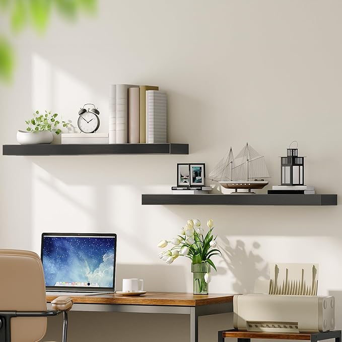 HOOBRO Floating Shelves for Wall, Wall Mounted Shelf Set of 2, 31.5" Hanging Shelf with Invisible Brackets, for Wall in Bathroom, Bedroom, Toilet, Kitchen, Living Room, Office, Black BK80BJP201-NeatNest