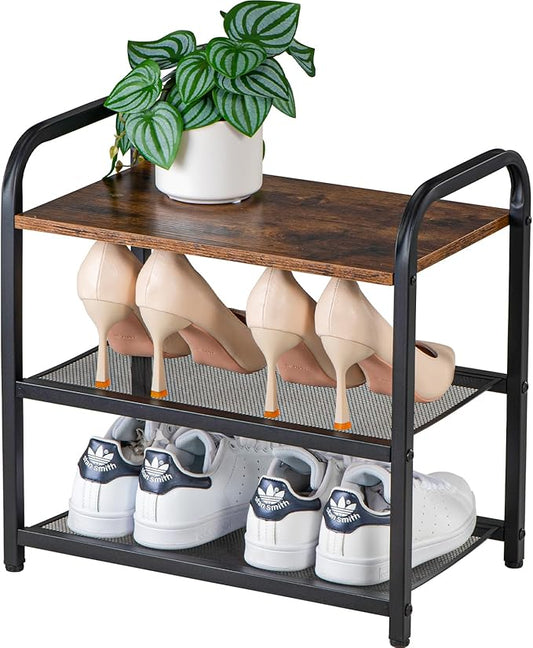 3-Tier Shoe Rack, with Heavy-Duty Metal Grid, Rustic Wooden Top, & Metal Guardrails - Transform Your Space with Style and Functionality Living Room, Kitchen, Bedroom, Garage, & Bathroom-NeatNest