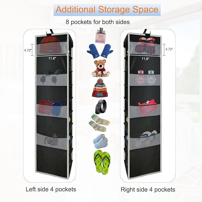 2 Pack Large-Sized Hanging Shoe Organizer 10-Shelf, Sturdy Hanging Closet Organizer with 8 Side Pockets, Wider Hanging Shelves for Storage Shoes Clothes Jeans Shirts Toys, Black-NeatNest
