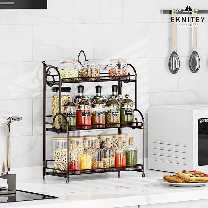 EKNITEY Bathroom Organizer Shelf Countertop - Kitchen Counter Organizer 3 Tier Bathroom Counter Shelves for Makeup Vanity Organizer Brown (No Assembly)