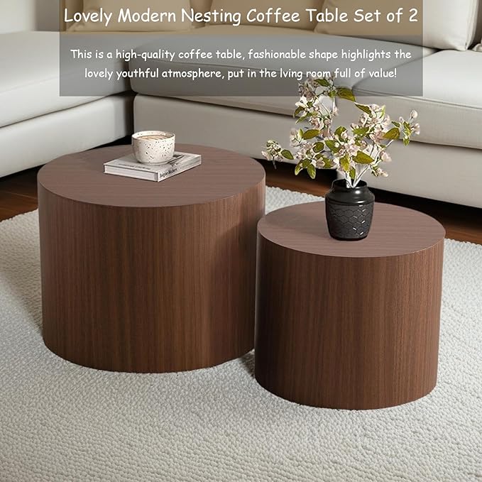 Modern Round Nesting Coffee Table Set of 2, Vertical Stripe Design Drum Coffee Table Cocktail Table, Round Side Table for Living Room, Bedroom, Office, Balcony (G14.6+18.1")
