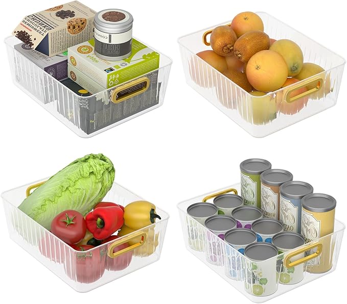 4-Pack Clear Fridge Storage Bins, Plastic Kitchen Pantry Storage Bins, 11.3" × 8.5" × 4.3"