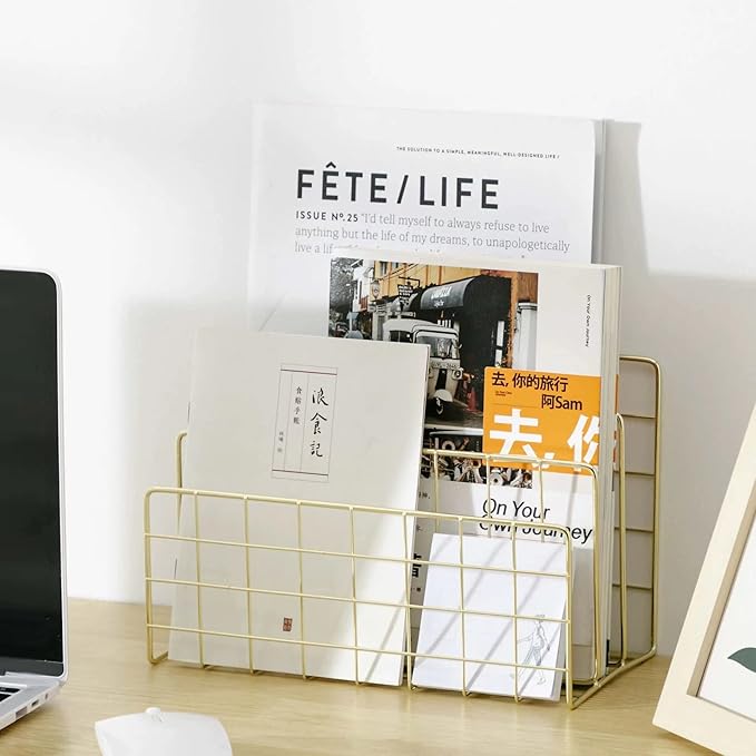 JIARI Decorative Book Organizer Magazine Holder Mail Sorters 3-Slot, Desktop File Sorter Organizer Bookshelf Bookends Book End, Metal Bookend (Gold)
