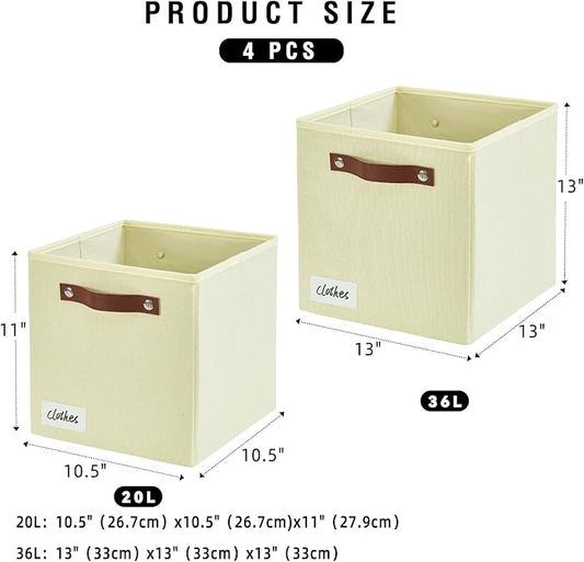 Collapsible Fabric Storage Cube Bins with 2 Reinforced PU Handles, Foldable Storage Organizer Baskets for Closet, Shelves, Living Room | 11"x11"x11", 4 Pack, Full Beige-NeatNest