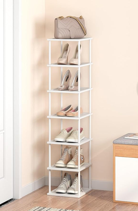 Vertical Tall Shoe Rack Organizer for Entryway -7 Tier Free Standing Slim Narrow Bamboo Wood Corner Stackable Shoe Boots Storage Stand Small Spaces for Closet Garage Cloakroom Living Room (White)-NeatNest